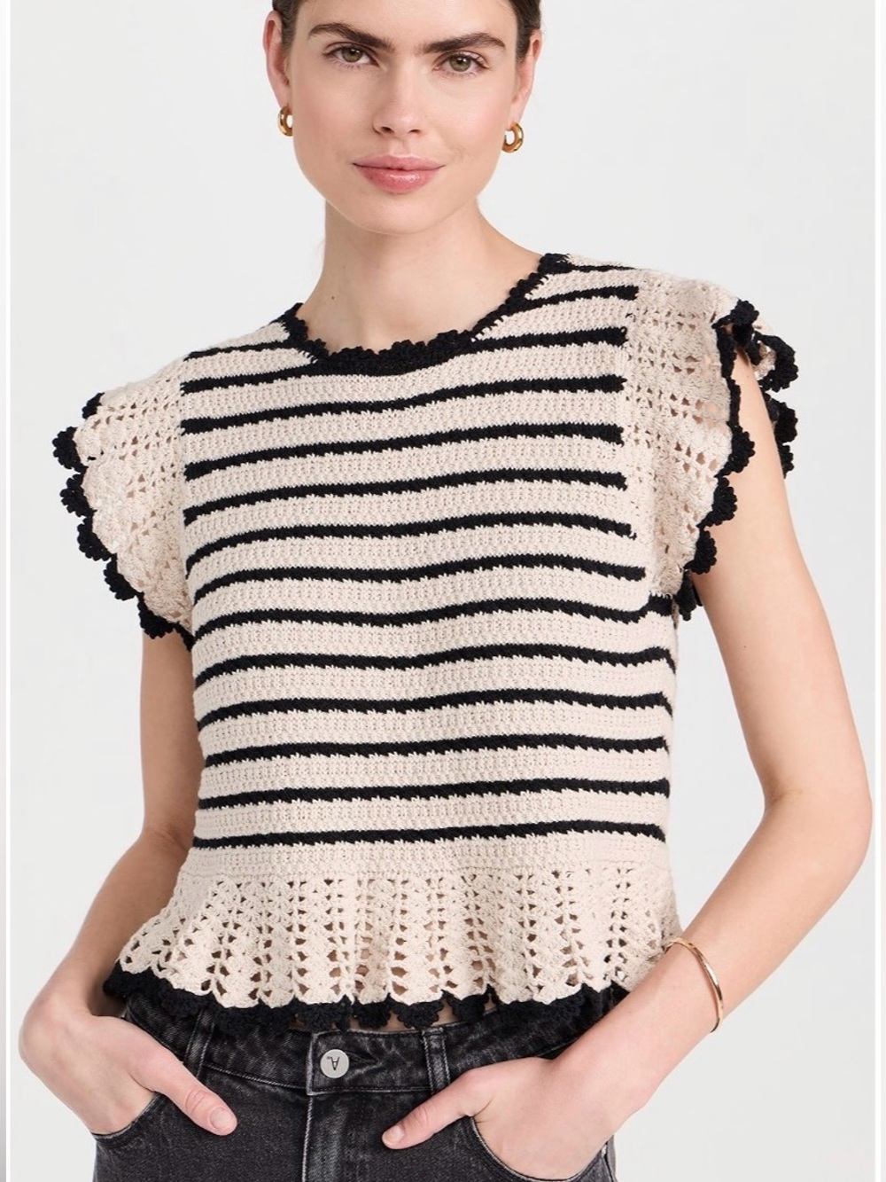 RAILS Coen Beige Black Crochet 100% Cotton Flutter Sleeves Peplum Hem Top Sz M